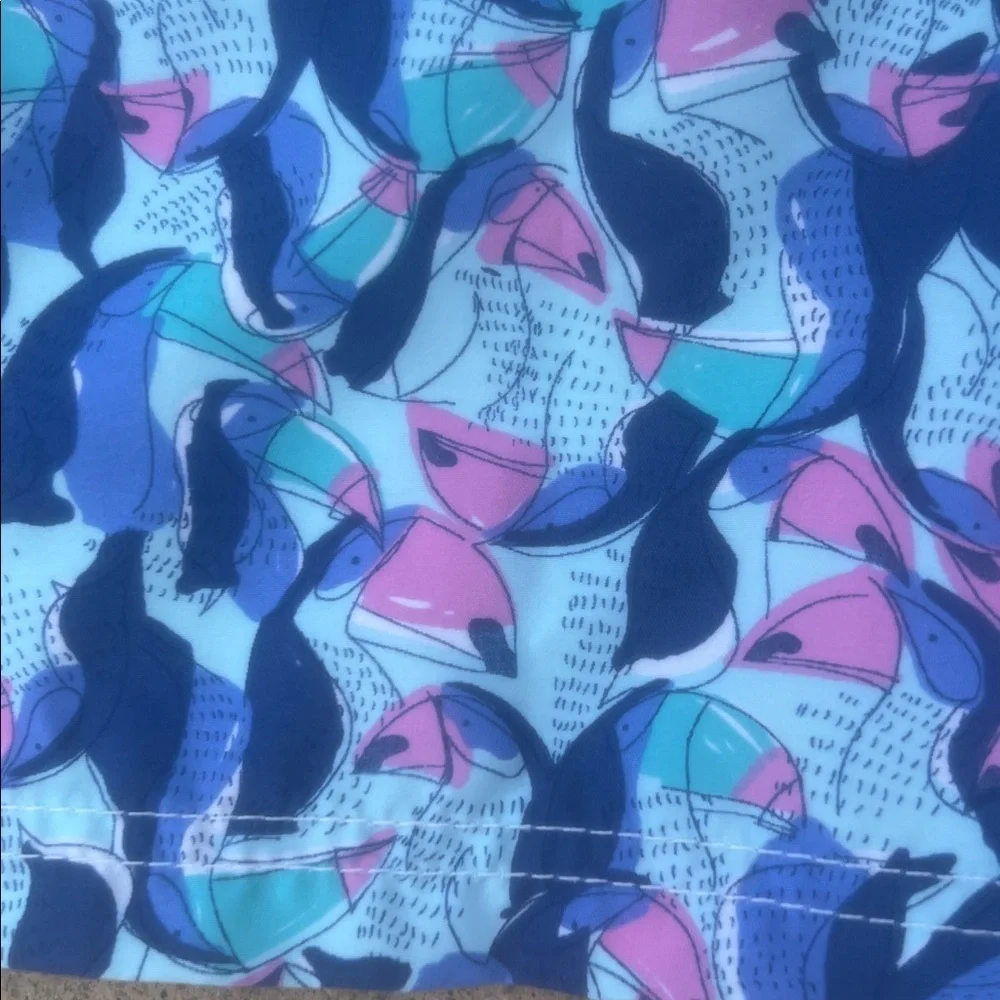 98 Coast Av. Men's Blue Pink Toucan Bird Design Lined Swim Trunks Size L